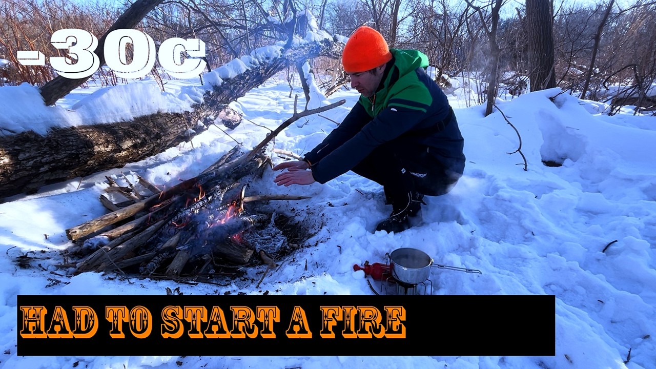 -30 Winter biking adventure - Built a fire to keep warm - Frozen Creek Highway