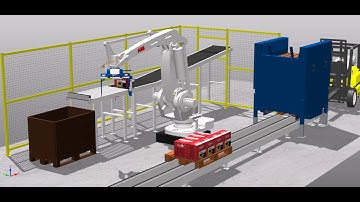 Closeup of ABB RobotStudio 6.05 software modeling pallet loading