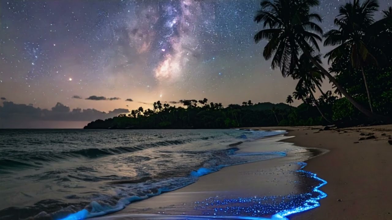 Bioluminescent Beach at Night 🌌 Healing Ambient Piano & Ocean Waves [Deep Sleep & Dark Screen]