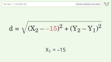 Find the distance between two points p1 (-15,8) and p2 (37,42): Step-by-Step Video Solution