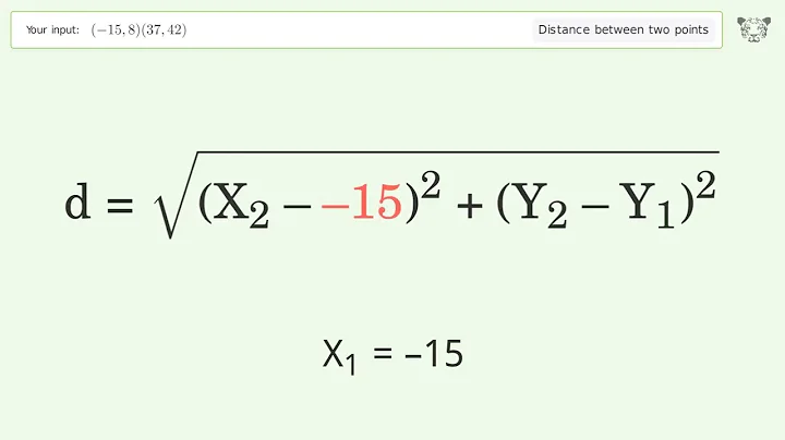 Find the distance between two points p1 (-15,8) and p2 (37,42): Step-by-Step Video Solution