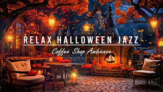 Relaxing Halloween Jazz Music with Spooky Night Ambience at Coffee Shop | Fall Crackling Fireplace