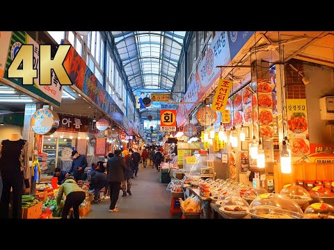 Dongwon Traditional Market in wintertime. Walking Tour Seoul Korea 4K UHD