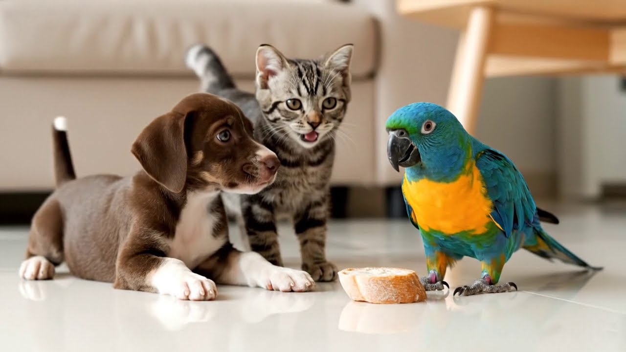So funny and cute! Puppy, Kitten, and Parrot Meet on the Floor | Pets ...