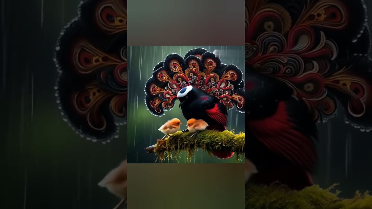 Beautiful Mother bird sheltering herchicks form the rain.