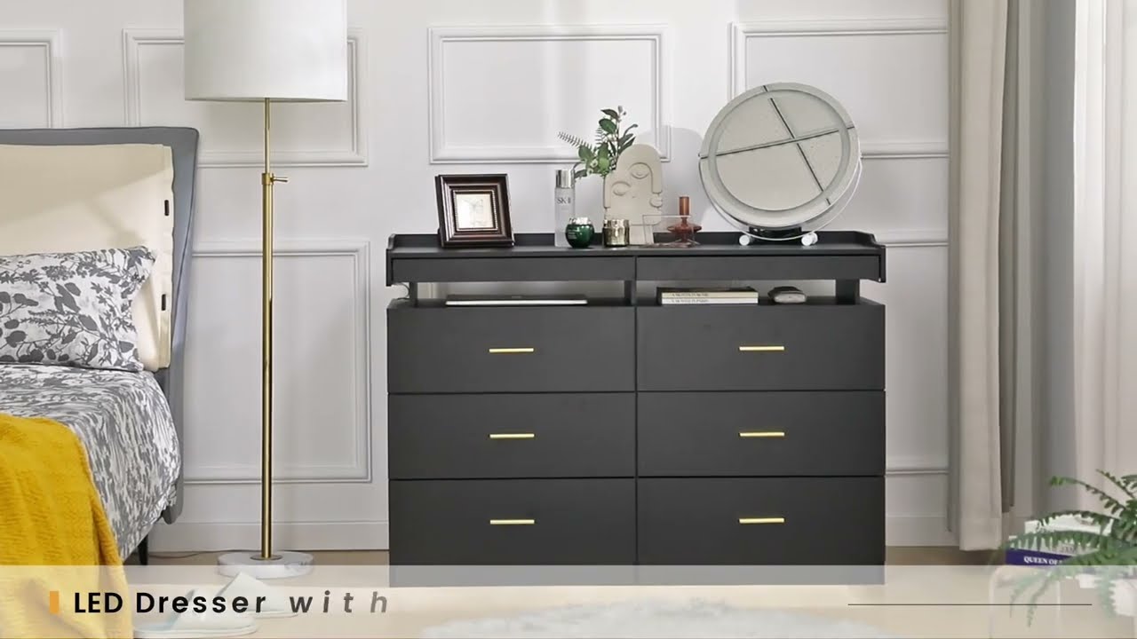 Sikaic LED Dresser With 6 Drawers & 2 Pull-Out Tray Black
