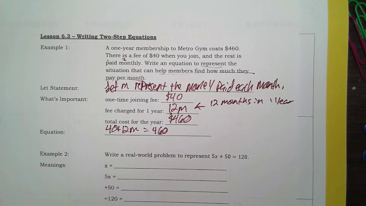 Lesson 6.3 - Writing Two-Step Equations - YouTube