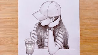 How to draw A girl with Starbucks Iced Coffee - step by step || Pencil Sketch for beginners