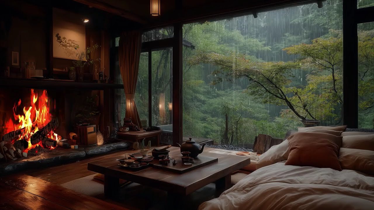 Deep Sleep & Stress Relief on a Rainy Night – Relax the Mind and Body with Fireplace Sounds