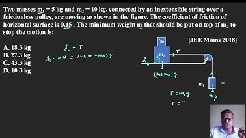 Two masses m1 = 5 kg and m2 = 10 kg, connected by an inextensible string over a frictionless pulley