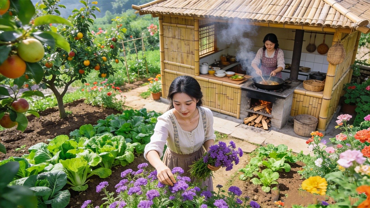 Peaceful Farm Life: Harvesting Purple Flowers, Gardening and Cooking Delicious Grilled Pig Kidneys
