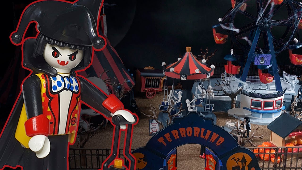 TERRORLAND🎃🎪🎡ESPECIAL HALLOWEEN🎃🎪🎡PARQUE de TRACCIONES TERRORÍFICO🕸DIORAMA PLAYMOBIL 🦇 CARYPE