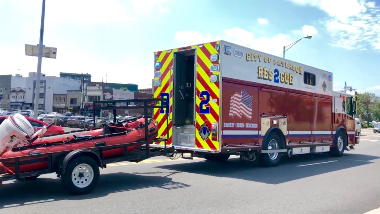 Paterson NJ Fire Department New Rescue 2, with the Boat Responding to a