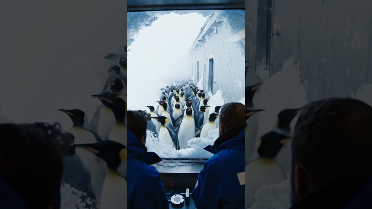 Penguins surround the building while wind howls