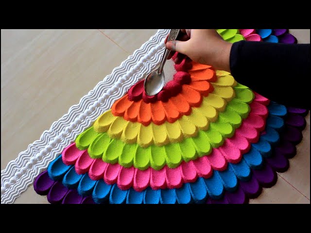 Simple navratri rangoli design using spoon l Diwali rangoli designs with colours l नवरात्री रांगोळी