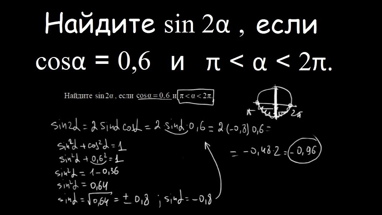 Вычислите cos π sin. Найдите sin α, если cos α = - 0,6 и   . Найдите sin 2α. Найдите sin α, если cos α = .. Найдите cos α , если sin.