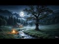 Moonlit Night by the Cabin 🌲✨ | Relaxing Nature Ambience with Gentle Stream &amp; Campfire Sounds/ Calm