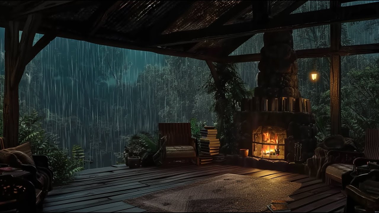 Cozy Rain in Forest Cabin with Fireplace 🌧🔥 Relaxing Rain Sounds for ...