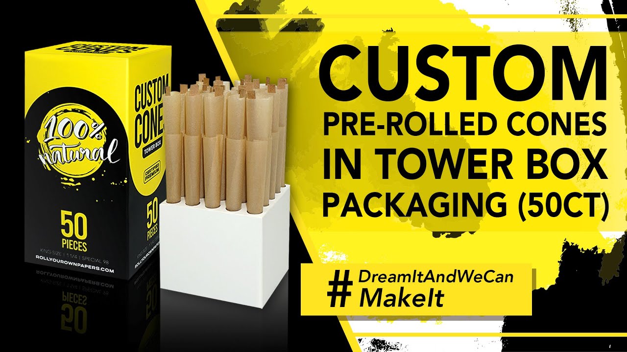 CUSTOM PRE ROLLED CONES IN TOWER BOX PACKAGING 50CT