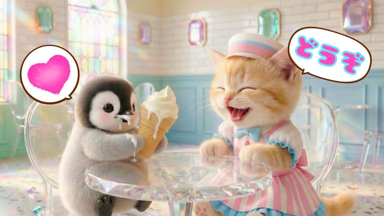 「はい、どうぞ」かわいいアイス屋さんで子猫がお仕事中♪🍦🐾