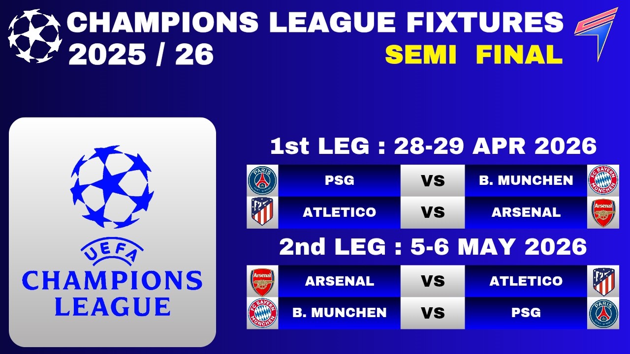 UCL FIXTURES - SEMI FINAL • 1st & 2nd LEGS • MATCH SCHEDULE & TOP ...