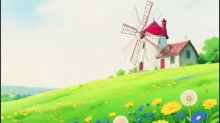 Peaceful Windmill Field 🌼 | 4K Relaxing Anime Scenery for Stress Relief & Study screenshot 5