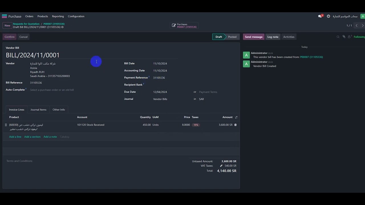 Create Bill Register Cycle PO - Import PO - Received Product - Create Bill - Register ...