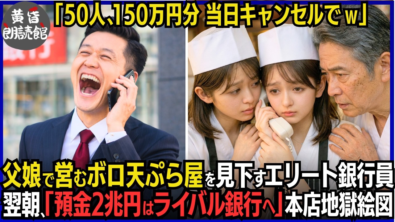 ｢50名150万円分の予約キャンセルw｣父と双子娘で営むボロ天ぷら屋でドタキャンし見下すエリート銀行員―翌日、とある重要人物「関係会社含み当社の2兆円分をライバル銀行へ移行｣地獄絵図#いい話 #逆転劇