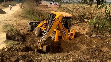 JCB Backhoe Loader Machine Making Bridge Foundation - JCB 4x4 Working Road Construction