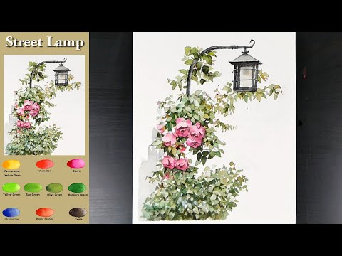 Street <strong>Lamp</strong> - Flower Landscape Watercolor (sketch &amp;amp; color mixing) NAMIL ART