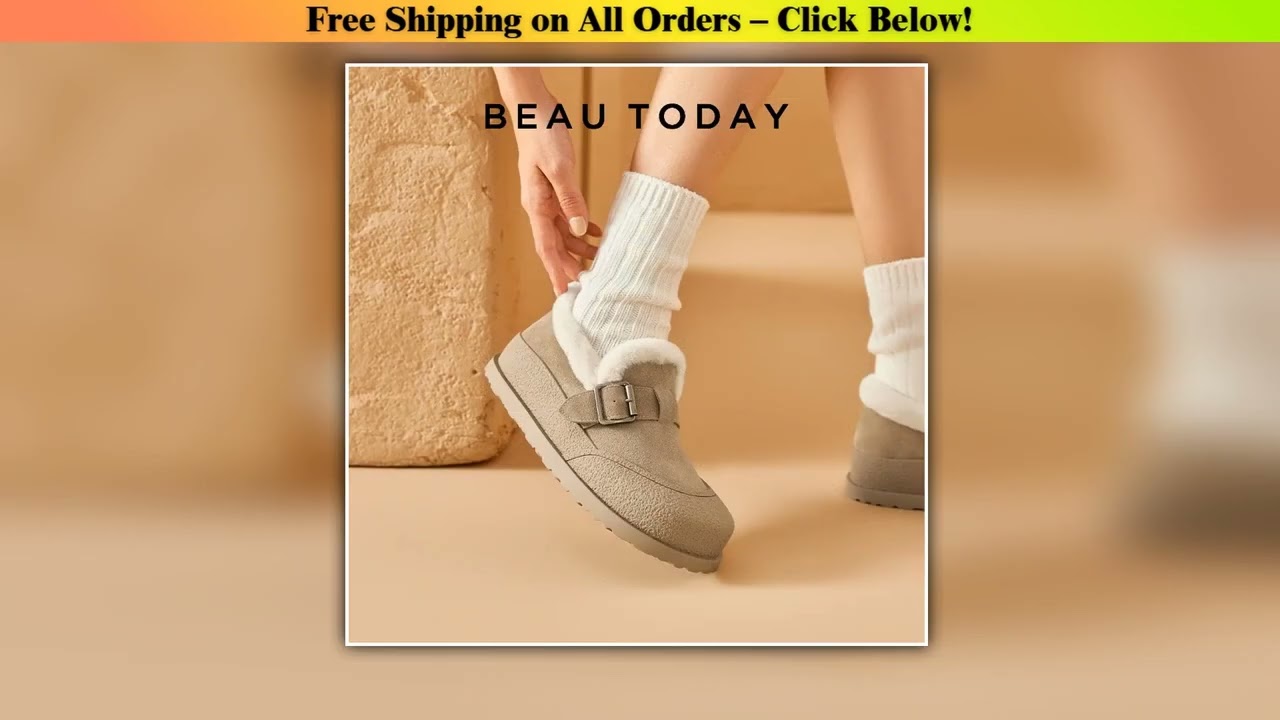 BEAUTODAY Winter Shoes Women Cow Suede Round Toe Buckle Design Warm Short Plush ladies Flat Shoes