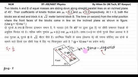 Two blocks A and B of equal masses are sliding down along straight parallel lines on an incli