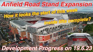 Anfield Road Stand Expansion on 19.6.23. First look of the week! Inside lifts complete.