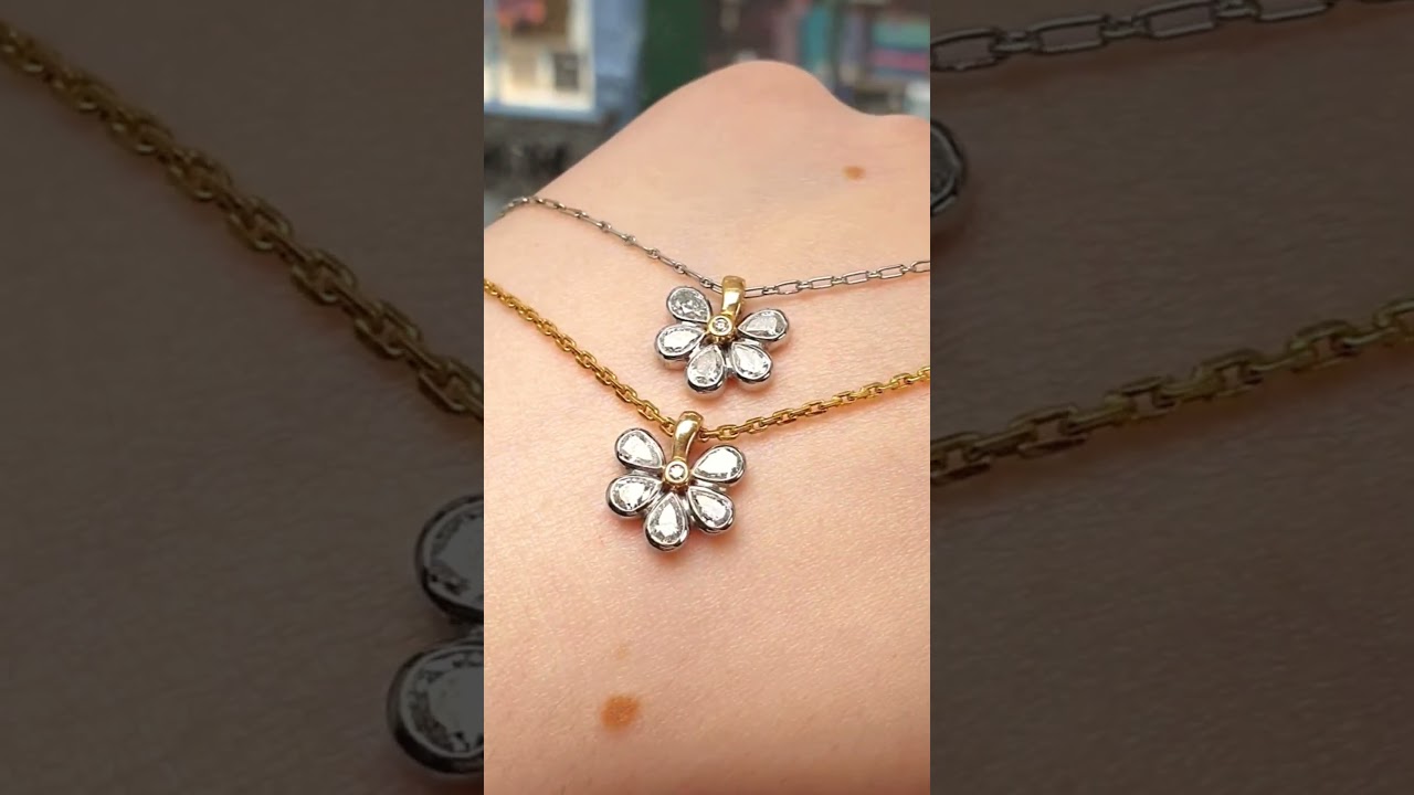 Vintage Gold Platinum Diamond Flower Pendant Necklaces from