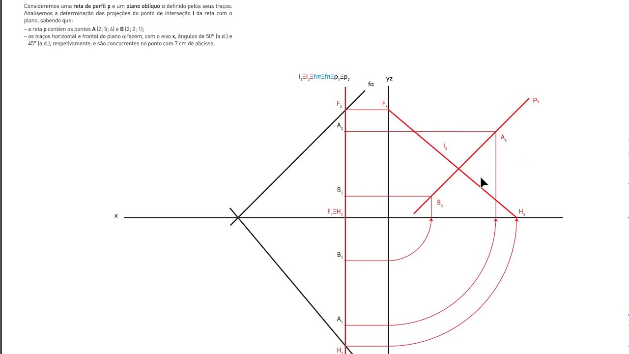 INTERSEÇÃO DE UMA RETA DE PERFIL COM UM PLANO (OBLÍQUO / RAMPA)