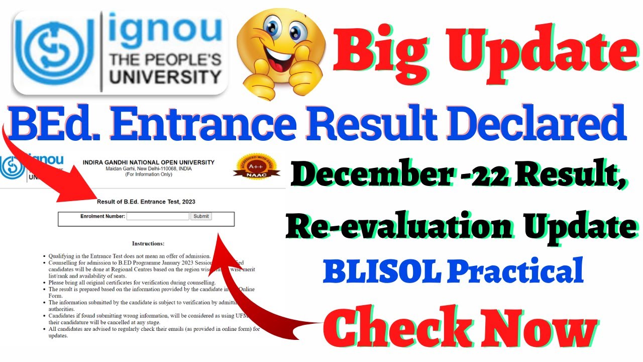 IGNOU BEd Entrance Result 2023 Declared || IGNOU Result Update || IGNOU BLISOL Practical Schedule