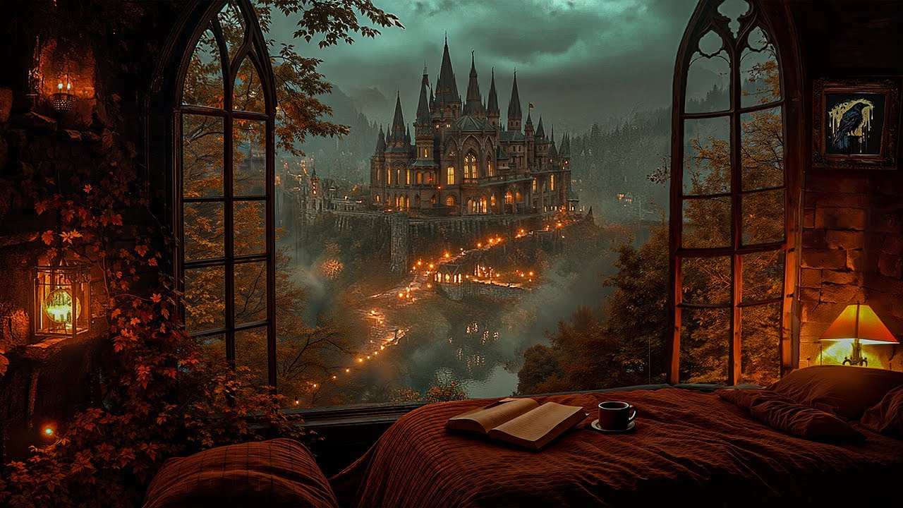 Cozy Reading Alone from Your Bed with Castle View | Dark Academia Piano for Calm Study & Reflection