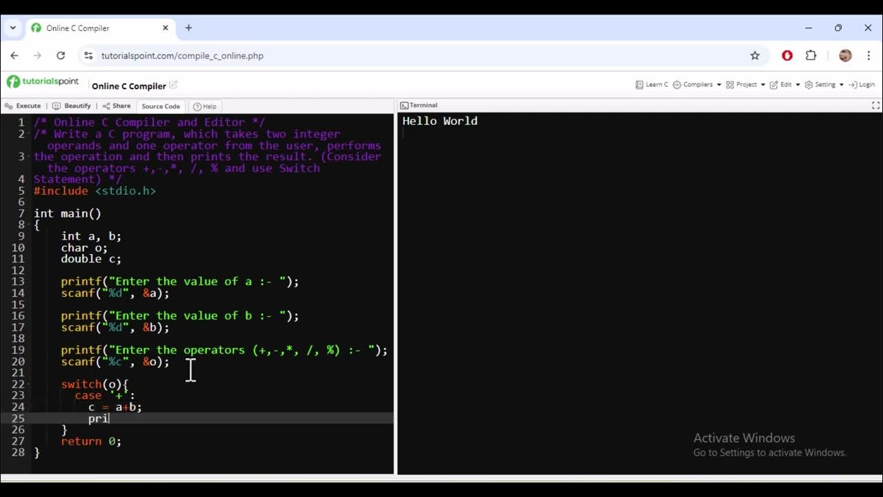 Simple C Program for Basic Arithmetic Operations Using Switch Statement ...