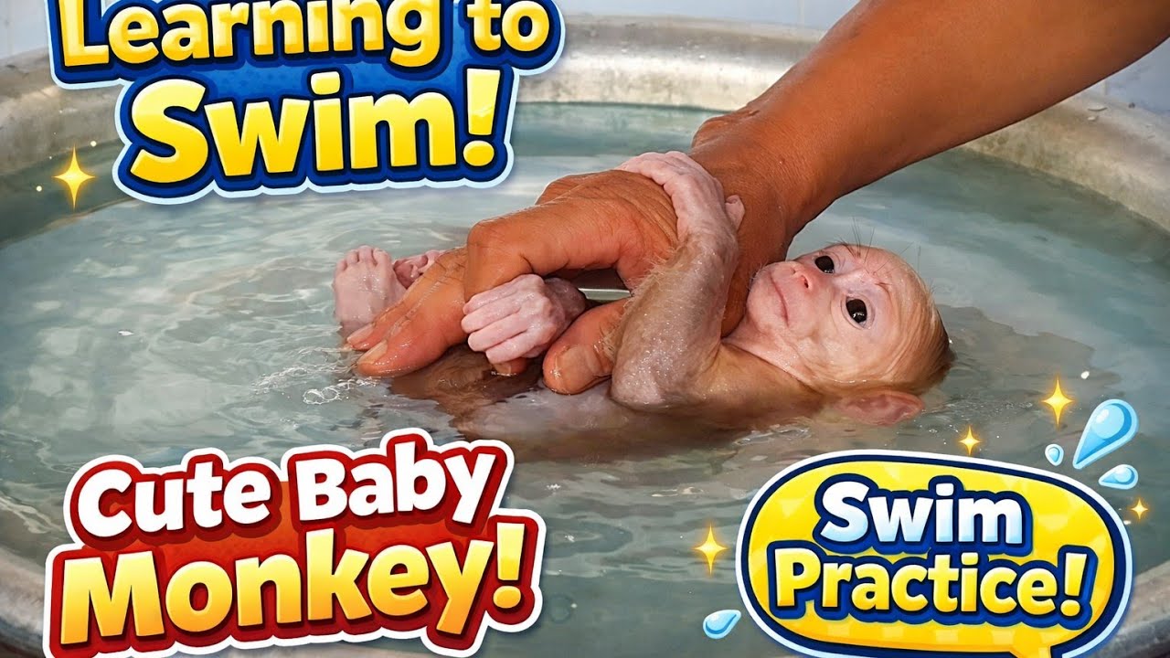 Ого! Первое плавание малыша-обезьянки просто уморительно!
