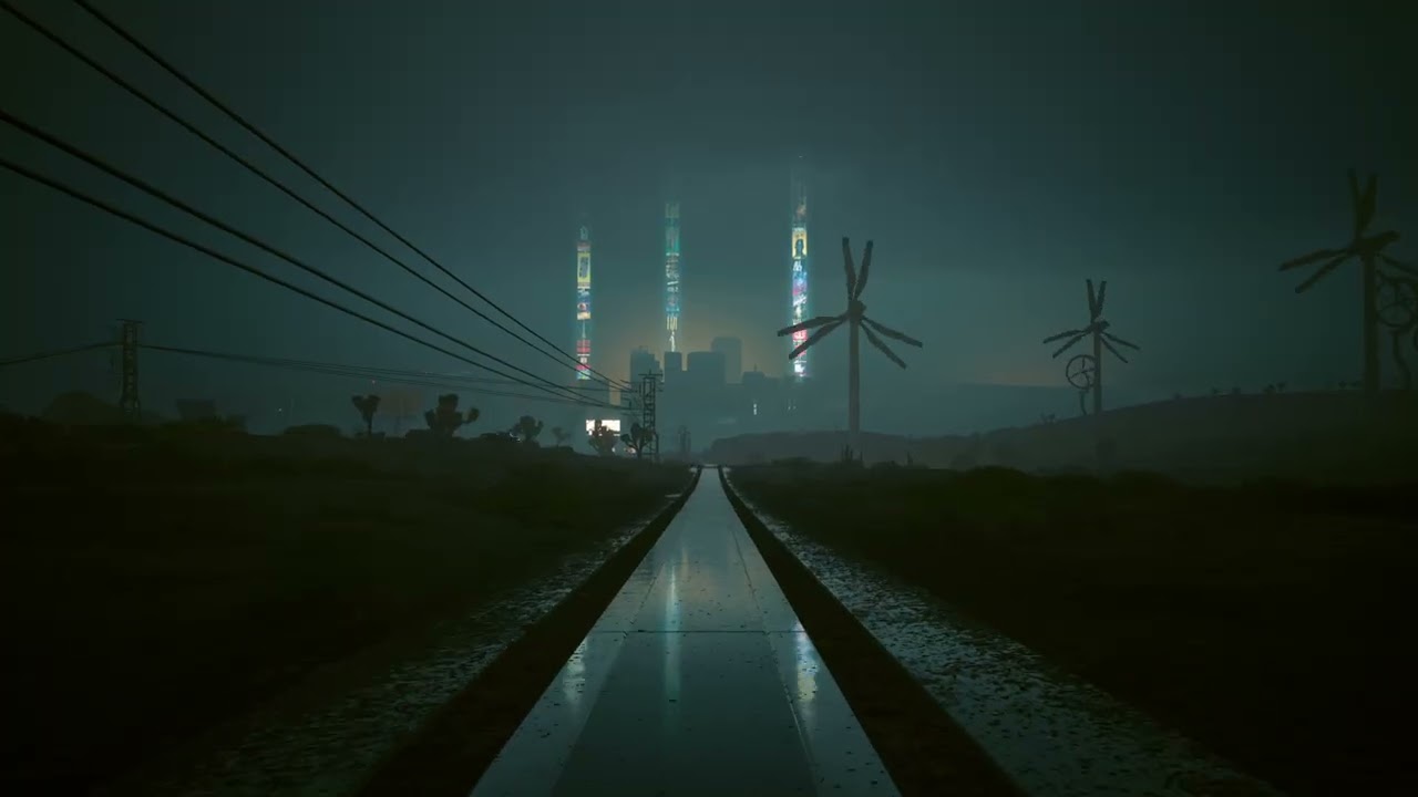 💛 1hr Cyberpunk walk 💛 Following the tracks | moody rain walk 💛