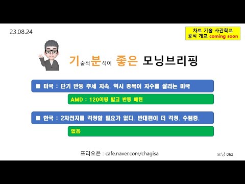 [모닝브리핑] 230824 단기 <strong>반등</strong> 추세 지속. 역시 종목이 지수를 살리는 미국 <strong>한국</strong> 2차전지를 걱정할 필요가 없다. 반대편이 더 걱정. 수렴중 : AMD
