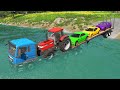 Container Tractor Flatbed Trailer Rescue Cars vs Deep Water Speed Bumps - BeamNG.Drive