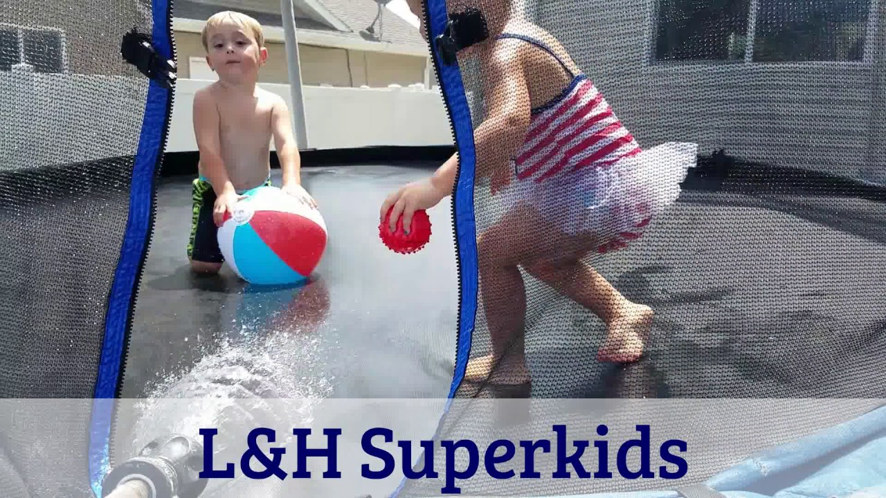 Beach ball, jumping on trampoline with water hose YouTube