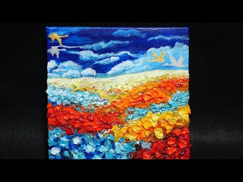 「谷間の花海」　手描き　油絵　風景画　原画　油彩画 油絵】花畑と鳥 #風景 #風景画 #油彩画 #芸術 #油絵 #絵 #アート