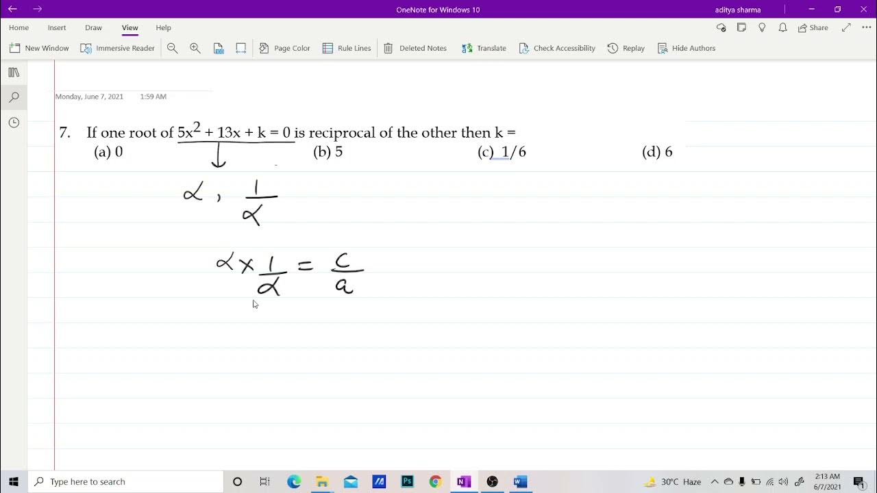 XQUADOQ007 If One Root Of 5x2 13x K 0 Is Reciprocal Of The xquadoq007-if-one-root-of-5x2-13x-k-0-is-reciprocal-of-the