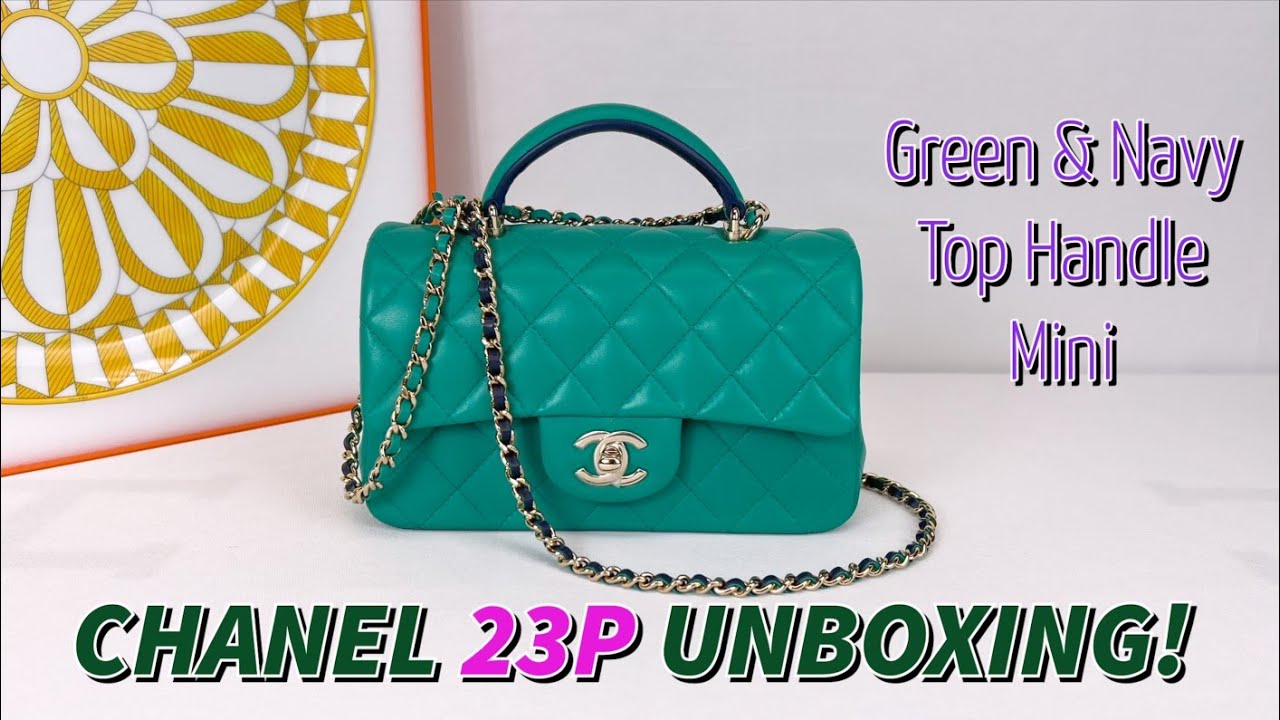 For Sale! Chanel 23P Green & Navy Top Handle Mini with Champagne Gold  Hardware. 