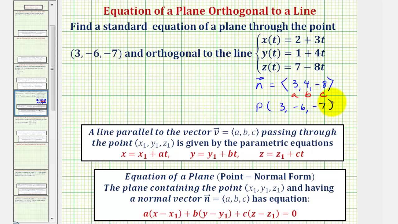 Ex Find The Equation Of A Plane Given An Orthogonal Line Parametric And A Point Youtube