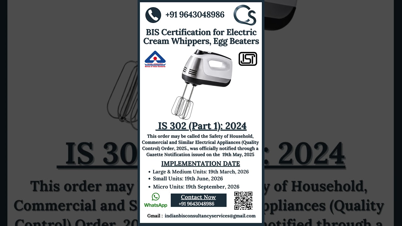 BIS Certification for Electric Cream Whippers & Egg Beaters | ISI for Baking Appliances in India