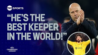 Liverpool’s Arne Slot heaps praise on Alisson Becker’s goalkeeping heroics against PSG 🇧🇷😮‍💨 #UCL