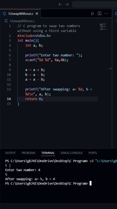 #11 C programming | Swap two numbers without using a third variable in ...